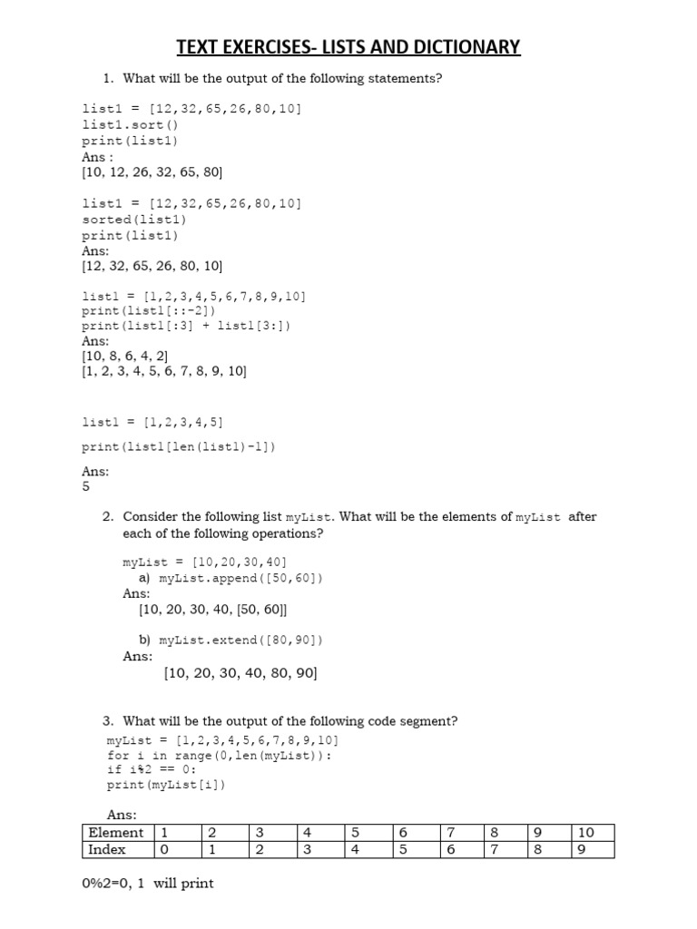Python Exercises: Lists & Dictionaries | PDF | Computer Science ...