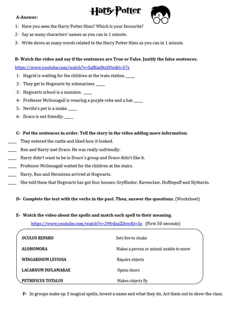 Harry Potter worksheet PDF Harry Potter Fantasy Worlds
