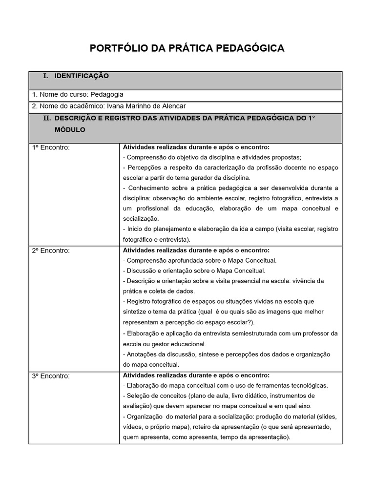 Portfólio Da Prática Pedagógica - Ivana Marinho | PDF | Pedagogia