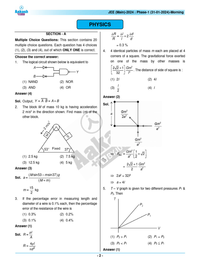 JEE Main 2024 Physics Phase-1 Questions | PDF | Wavelength | Mass