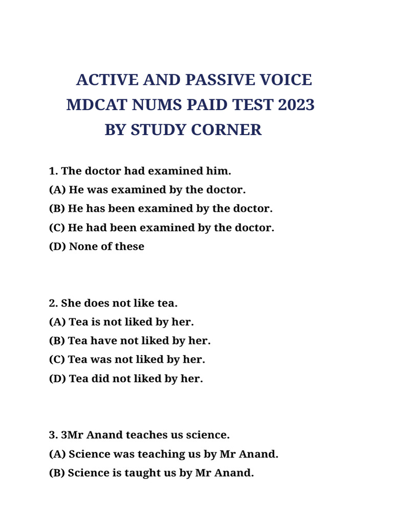 Active and Passive Voice MCQS 2023 by Study Corner | PDF | Foods
