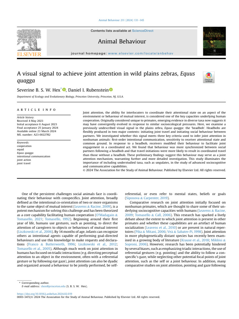 A Visual Signal To Achieve Joint Attention in Wild Plains Zebras, Equus ...