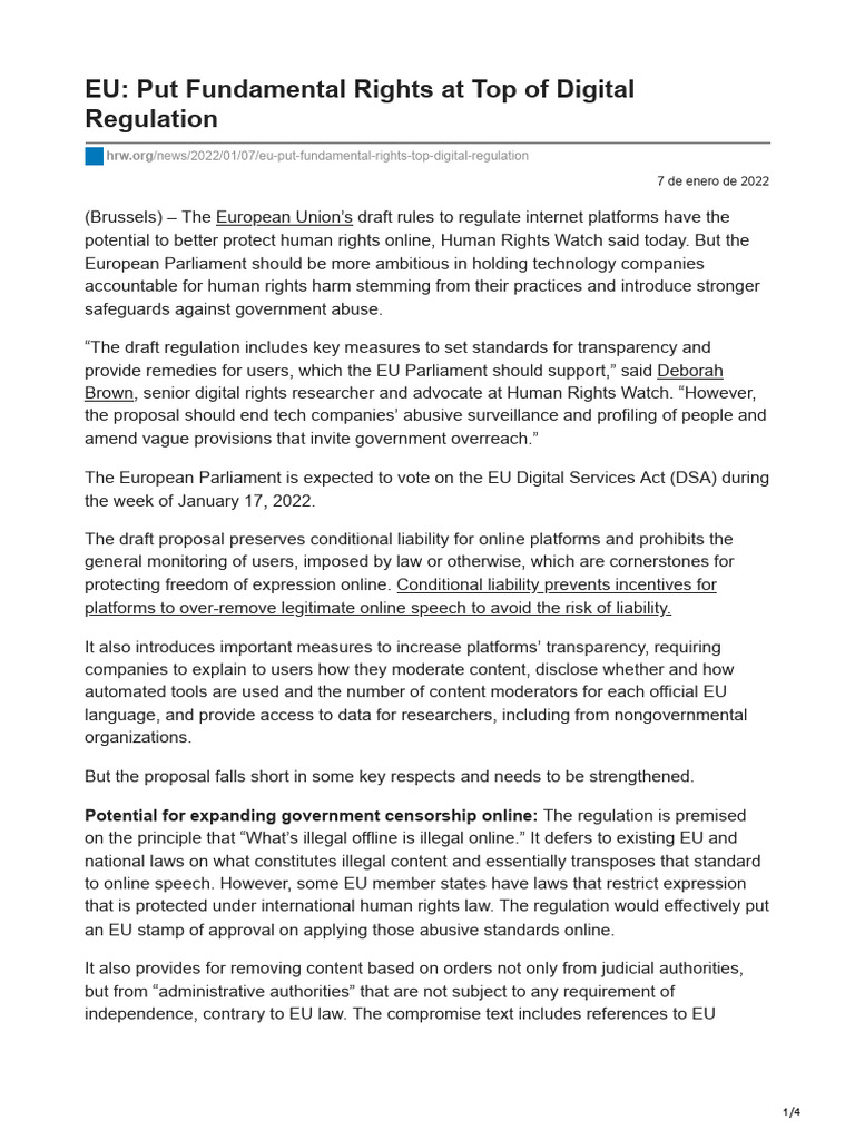 EU Put Fundamental Rights at Top of Digital Regulation | PDF ...