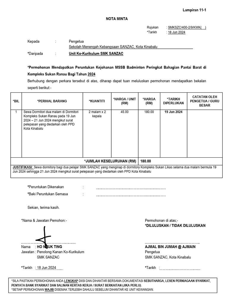 Nota Minta Penginapan MSSB Badminton Ranau | PDF
