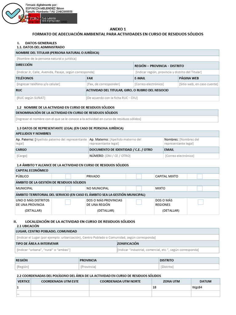 Formatos de Adecuación Ambiental Para Actividades en Curso de RRSS ...