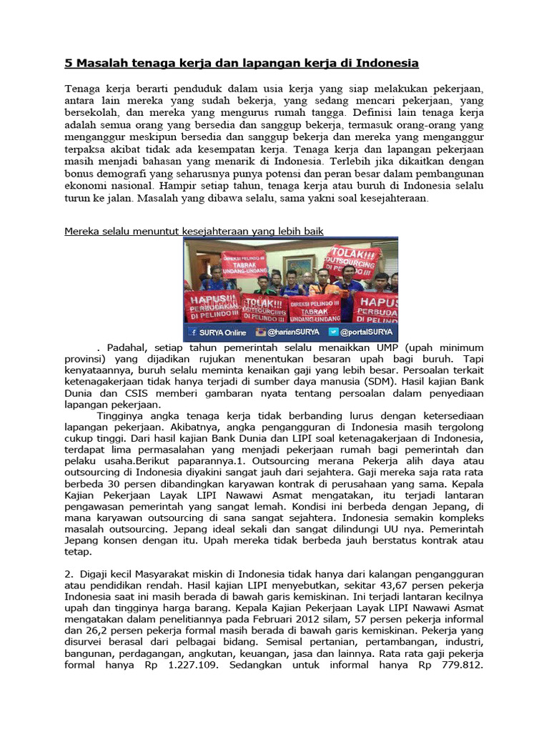 5 Masalah Tenaga Kerja Dan Lapangan Kerja Di Indonesia | PDF