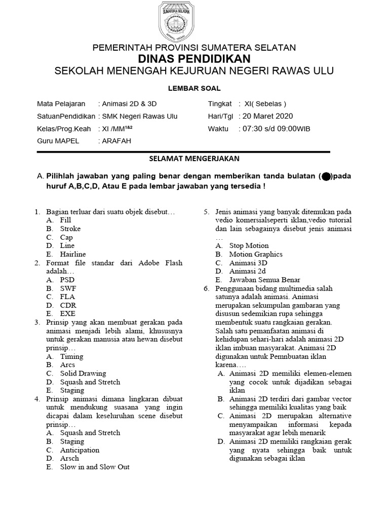 Soal Ujian Animasi 2D & 3D SMK XI | PDF | Seni | Komputer