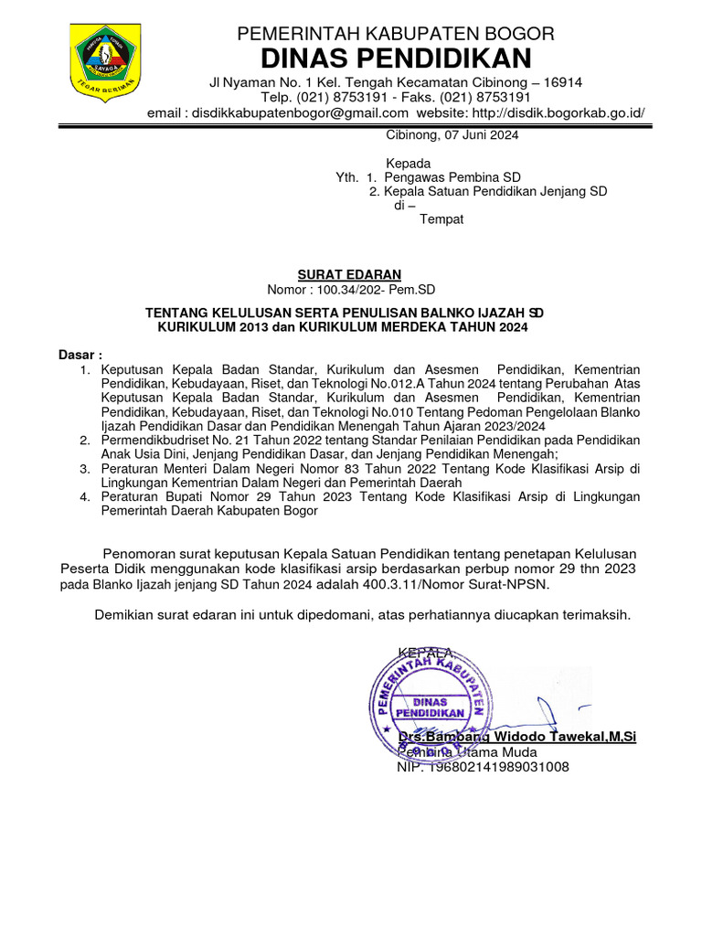 Se Penetapan Nomor Blanko SD 2024 | PDF