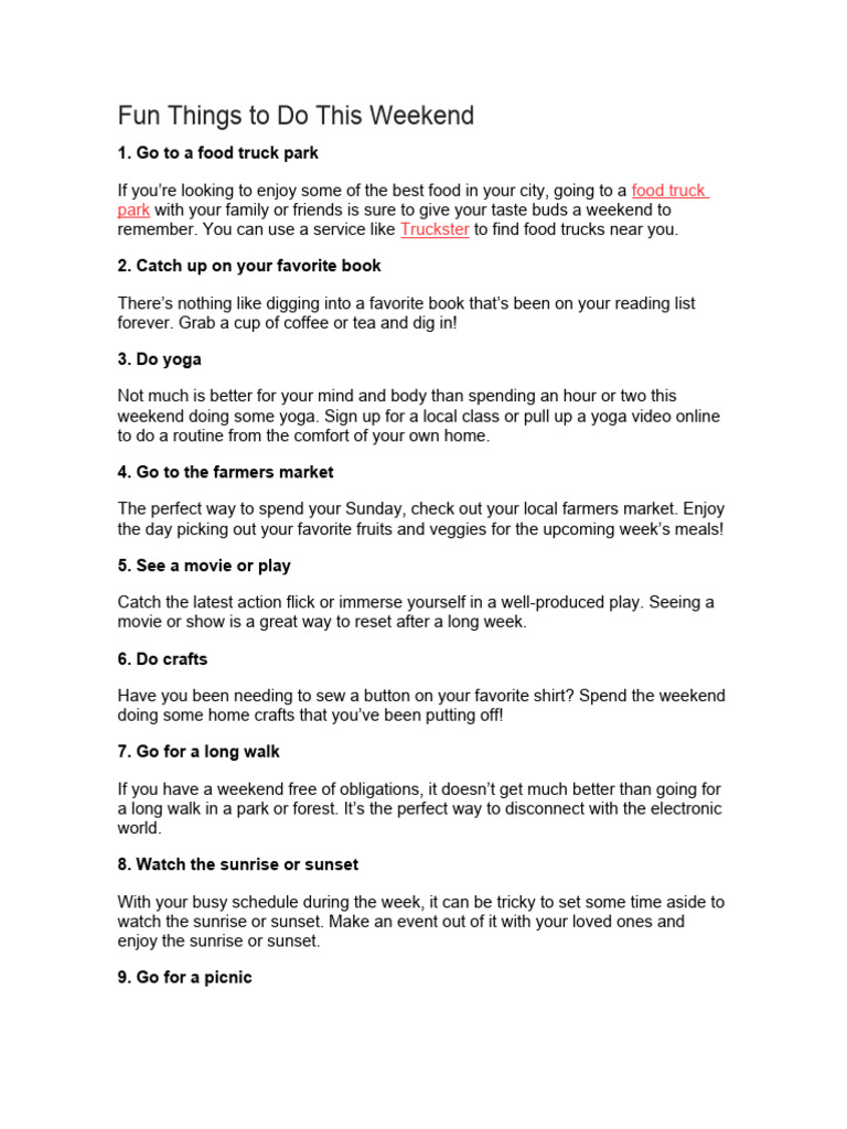 Weekend Fun Activities to Try Now | PDF | Foods