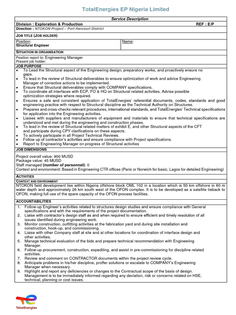 Structural Engineer Role at TotalEnergies | PDF | Specification ...