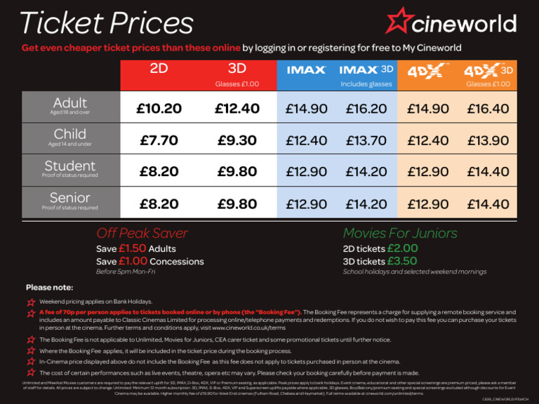 Cineworld Ticket Pricing and Fees Guide | PDF | Movie Theater | Ticket ...