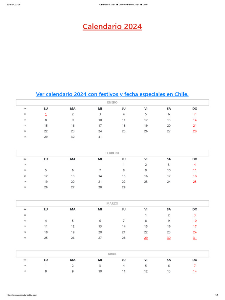 Calendario y Feriados Chile 2024 | PDF | Observancias | Fiestas ...