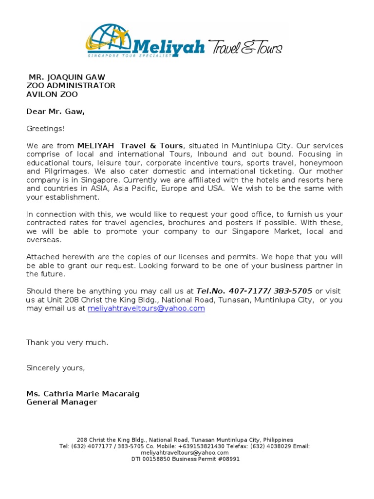 Request Letter of Contracted Rates Business