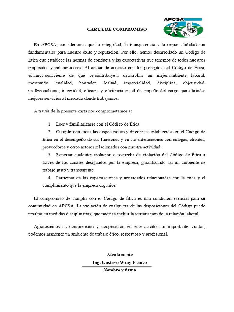 Carta de Compromiso | PDF | Negocios | Finanzas y dinero