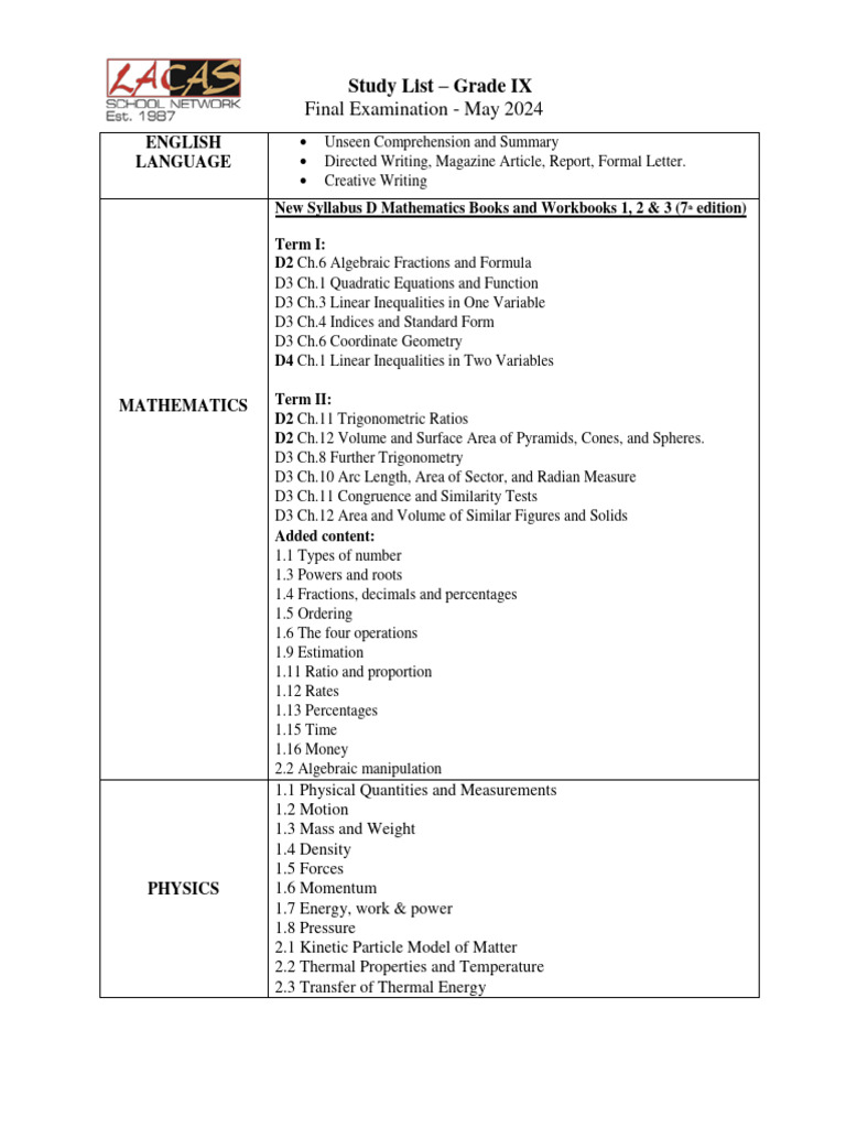 LACAS Final Study List Grade IX | PDF | Area | Mathematics