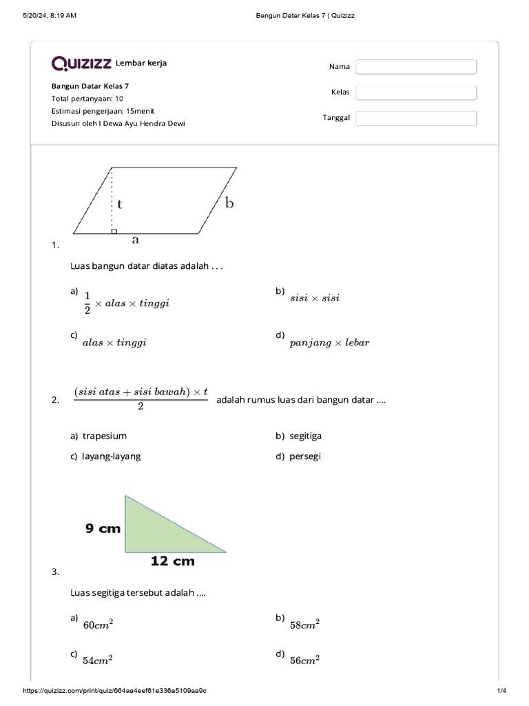 Bangun Datar Kelas 7 Quizizz Pdf