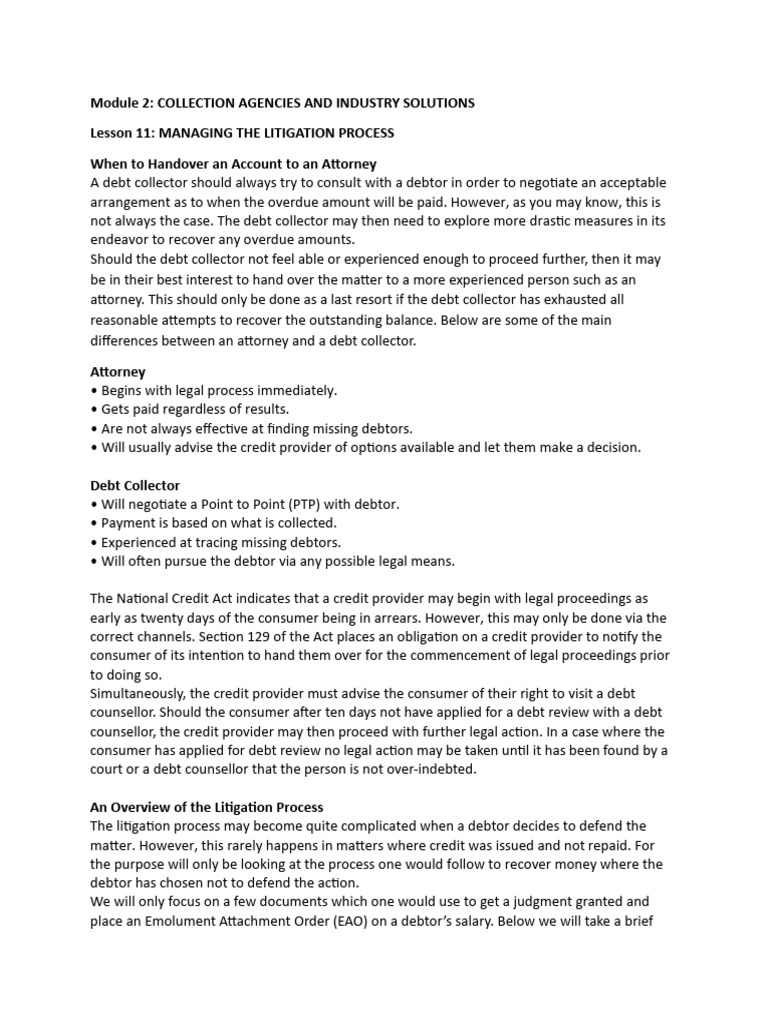Lesson 11 - Managing The Litigation Process | PDF | Judgment (Law) | Debt