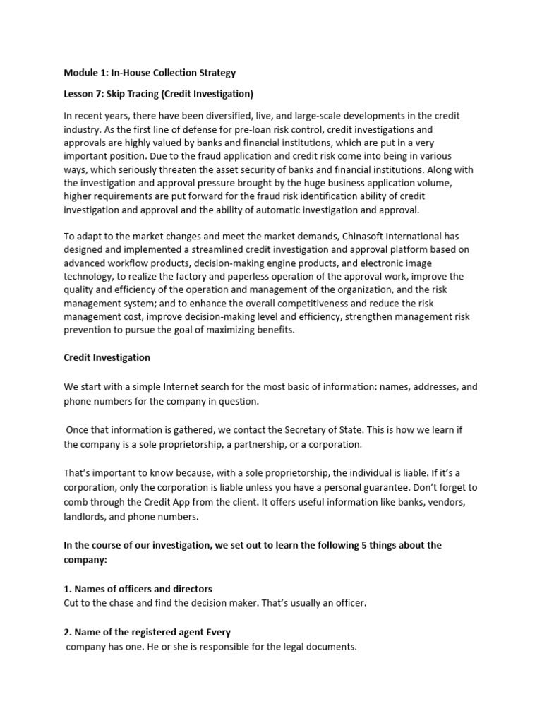 Lesson 7 skip tracing pdf defamation sherman antitrust act