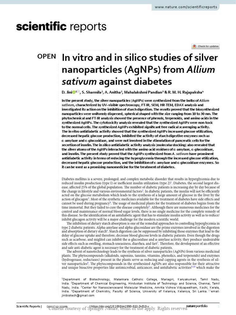 In Vitro and in Silico Studies of Silver Nanoparti | PDF | Diabetes ...