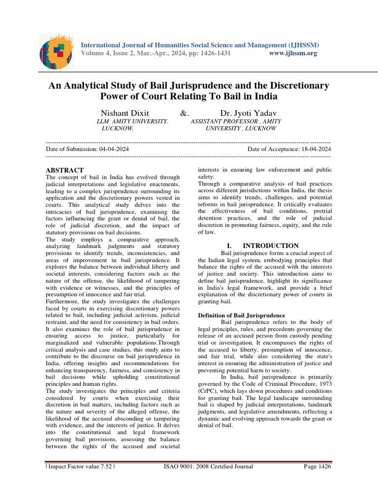 Discretionary Bail Jurisprudence in India | PDF | Bail | Criminal ...