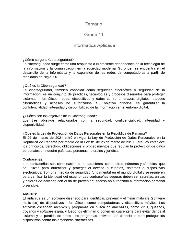 Grado 11 Temario Informatica Aplicada | PDF | Seguridad | La seguridad ...