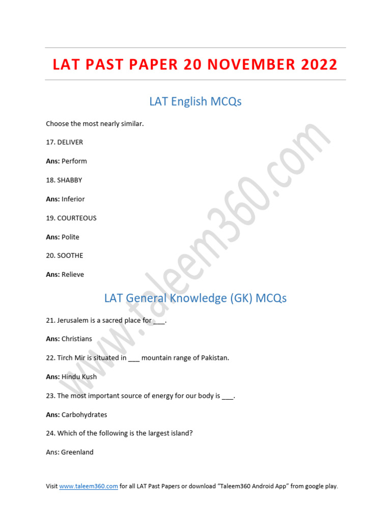 Lat Past Paper 20 November 2022 | PDF | Pakistan | Google Play
