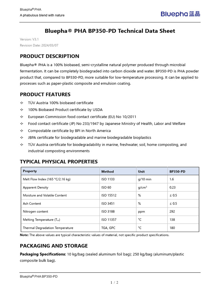 Bluepha® PHA BP350-PD Overview | PDF | Biodegradation | Materials
