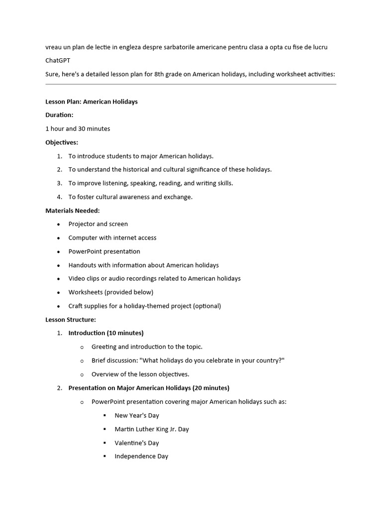 Plan de lectie american holidays pdf holidays independence day