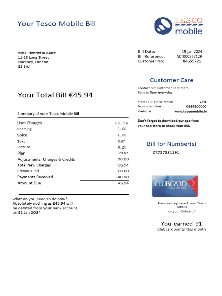 Phone Bill Tesco UK PDF Roaming Mobile Telecommunications