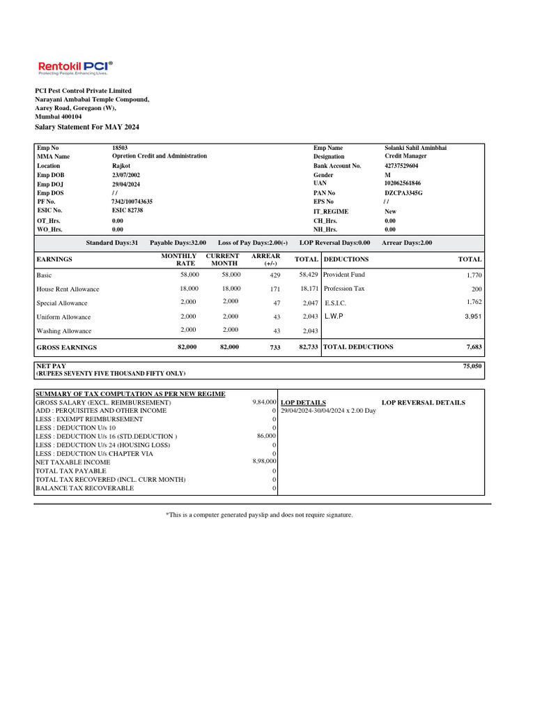 PPCPL_MAY_2024_18503_Payslip PDF Tax Deduction Taxes