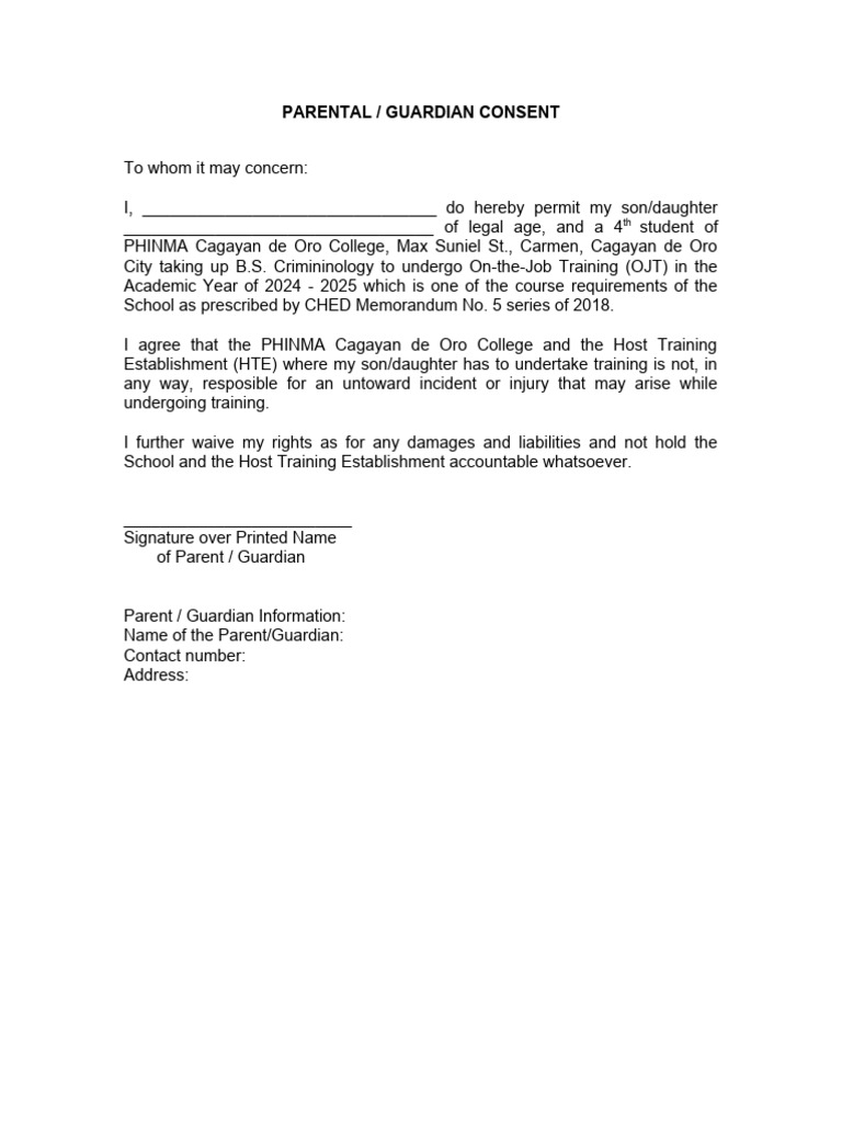 Parental Consent for OJT 2024-2025 | PDF