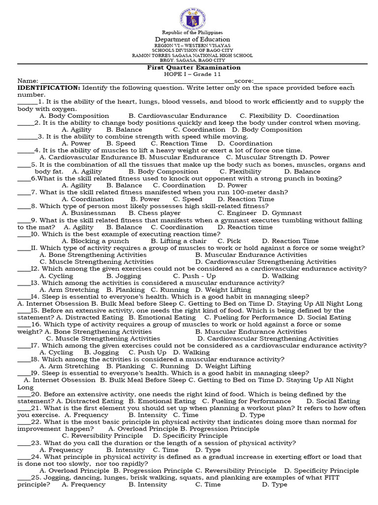 Grade 11 HOPE I First Quarter Exam | PDF | Physical Fitness ...