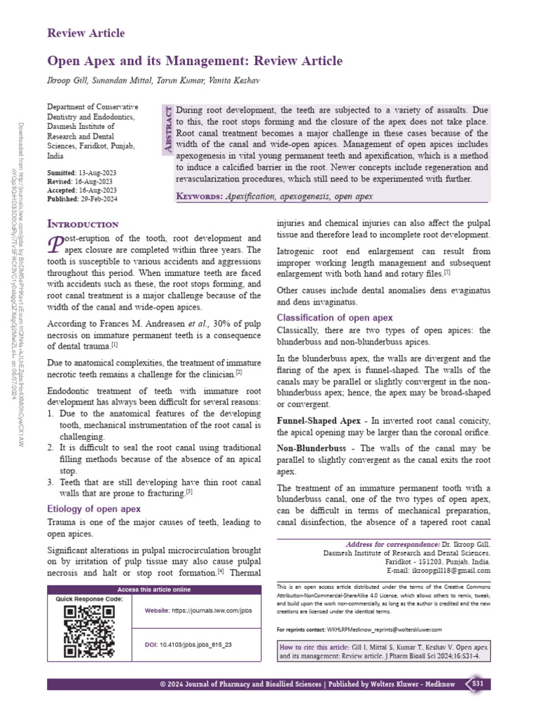 Management of Open Apex in Dentistry | PDF | Tooth | Mouth