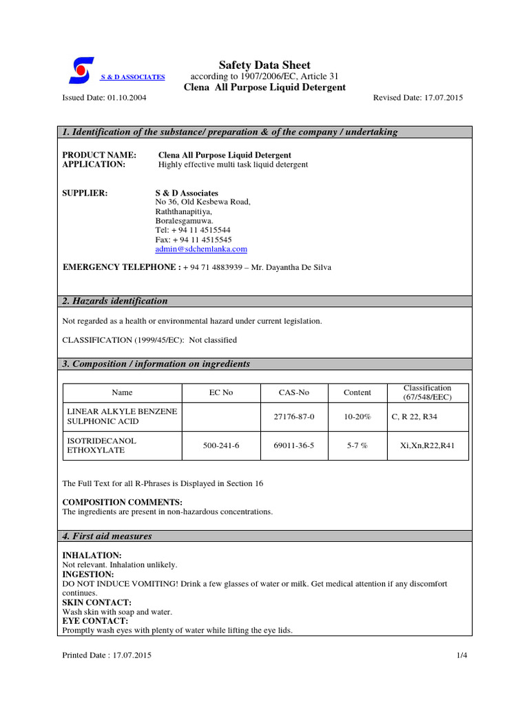 Clena All Purpose Liquid Detergent MSDS | PDF | Dangerous Goods | Waste ...