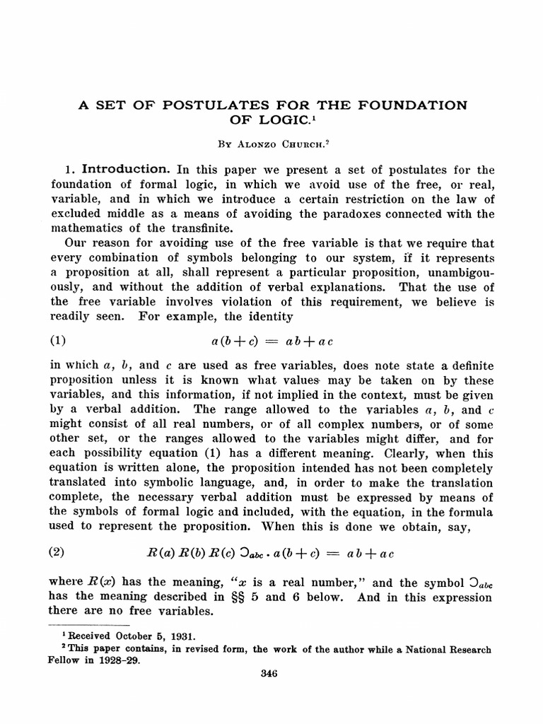 Church, A. A Set of Postulates For The Foundation of Logic | PDF ...