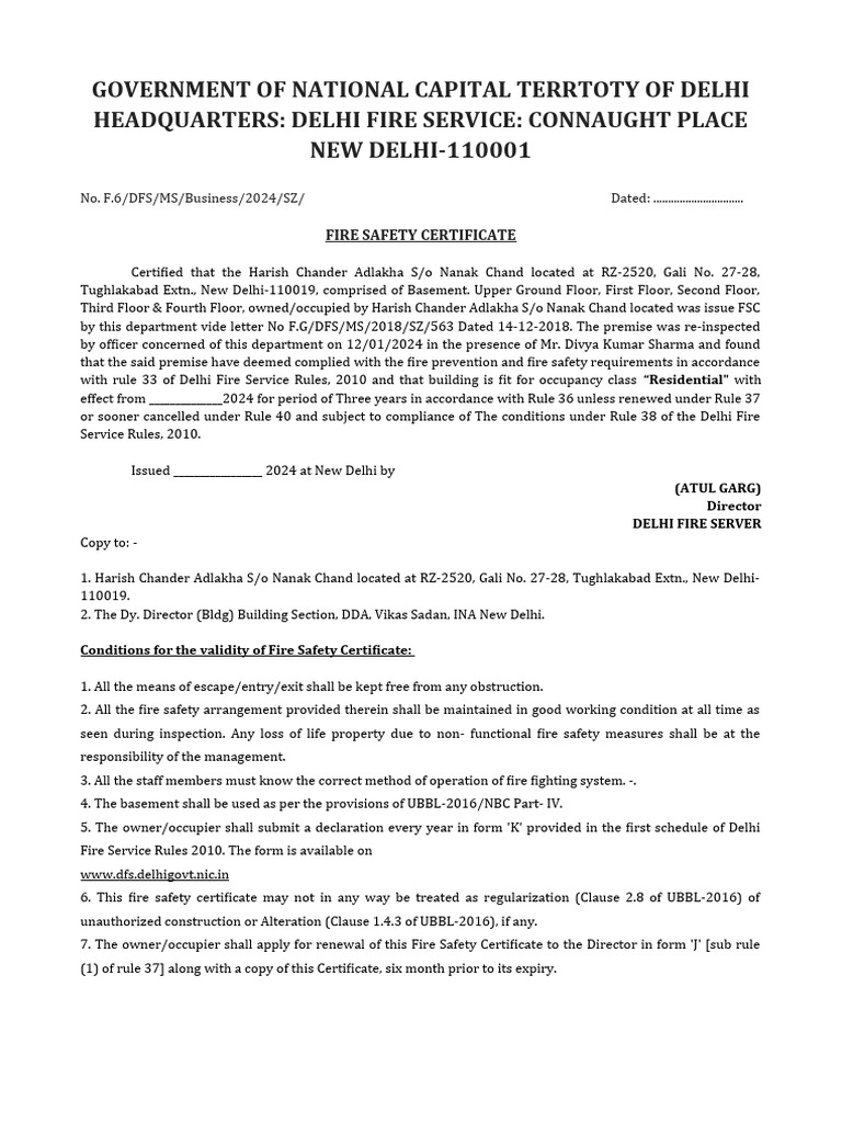 Fire Safety Certificate for Residential Building | PDF | Fire Safety