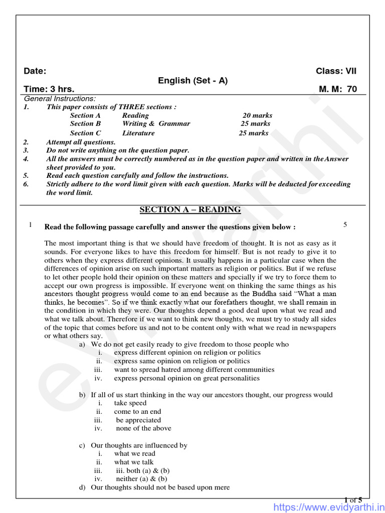 Class VII English Question Paper 2023 | PDF | Thought | Trees