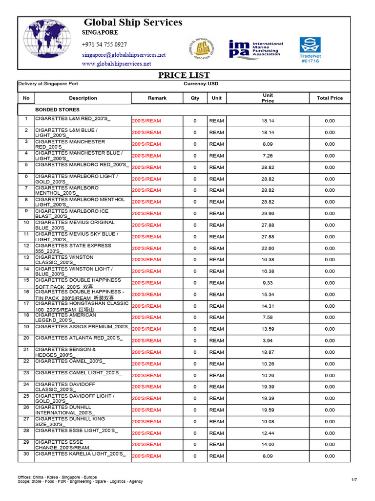 Singapore Bonded Stores Price List | PDF | Chocolate