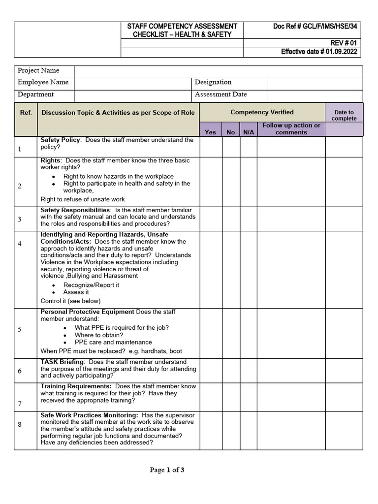 HSE-34 STAFF COMPETENCY ASSESSMENT FORM | PDF | Personal Protective ...