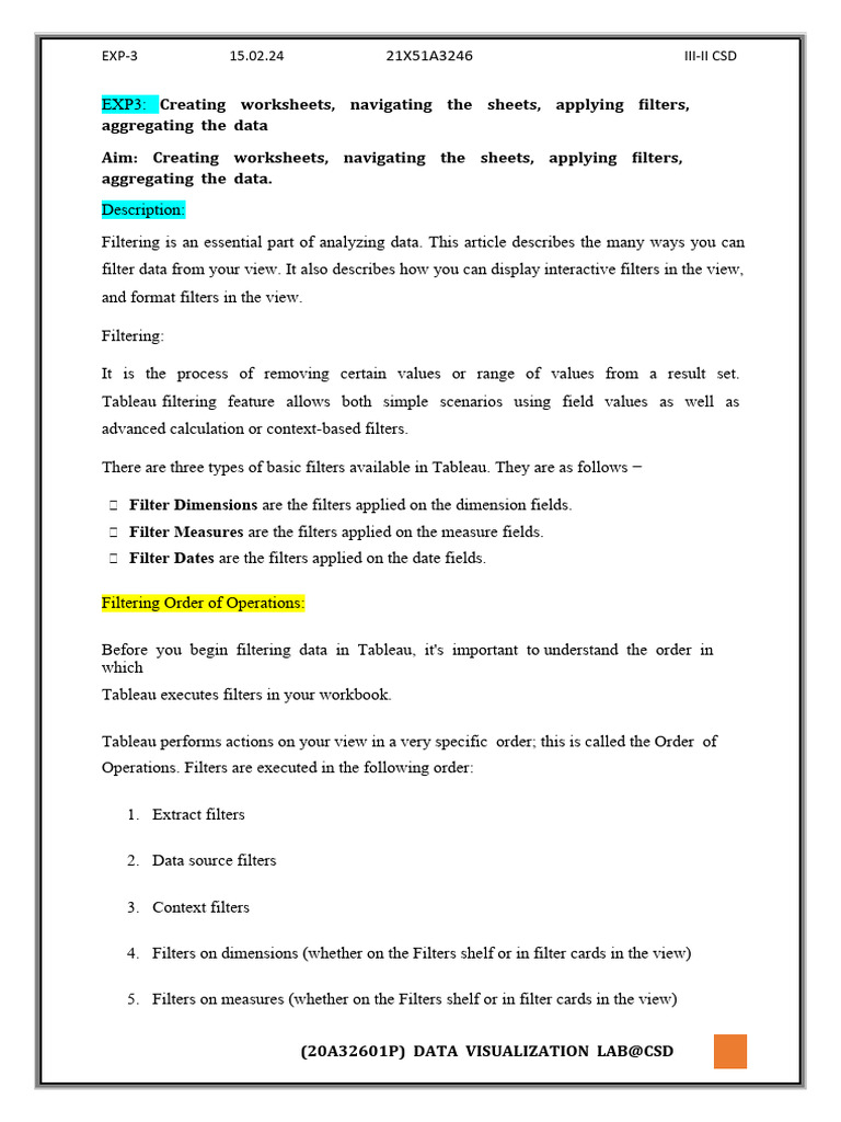 Tableau Filtering & Aggregation Guide | PDF | Data | Computing