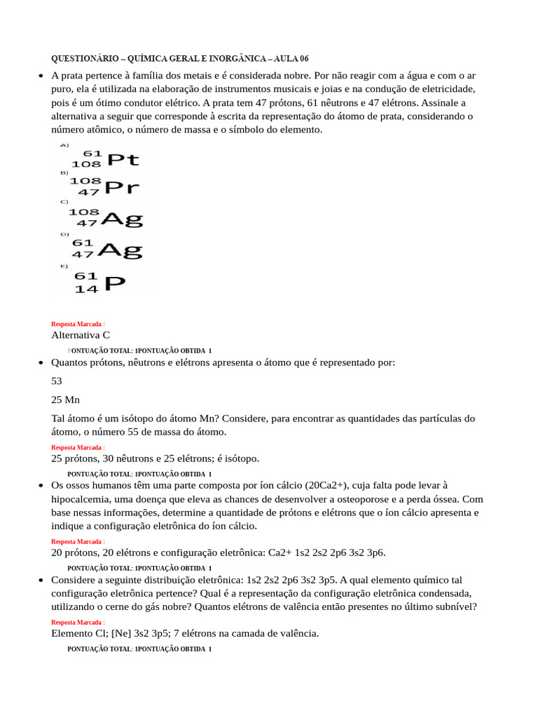 Questionário - Química Geral e Inorgânica - Aula 06 | PDF | Ligação química  | Enzima, image size:768x1024