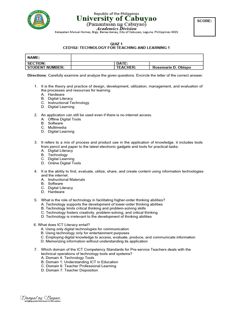 Quiz on Educational Technology Concepts | PDF | Educational Technology ...