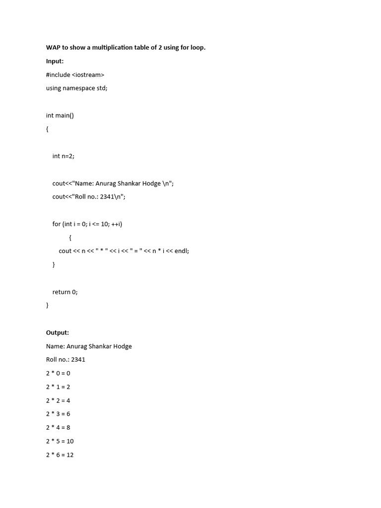 Beginner C++ Multiplication Table | PDF