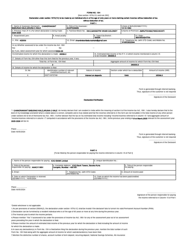 Form 15 h pdf income tax taxes