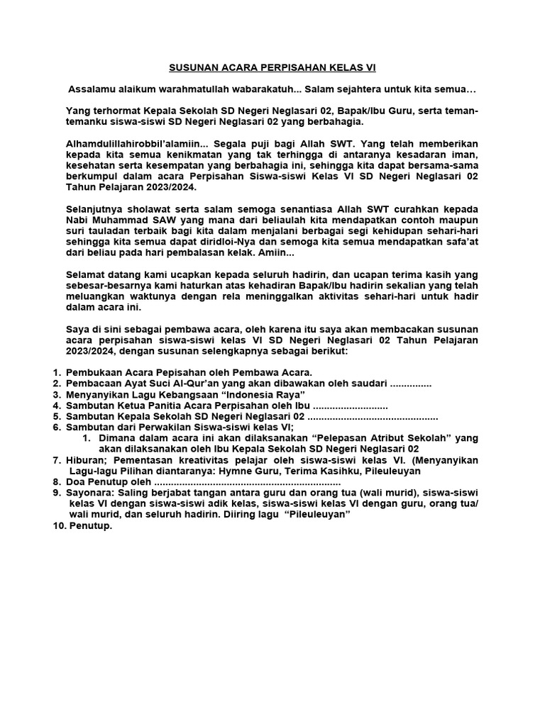 Susunan Acara Perpisahan Kelas Vi Pdf