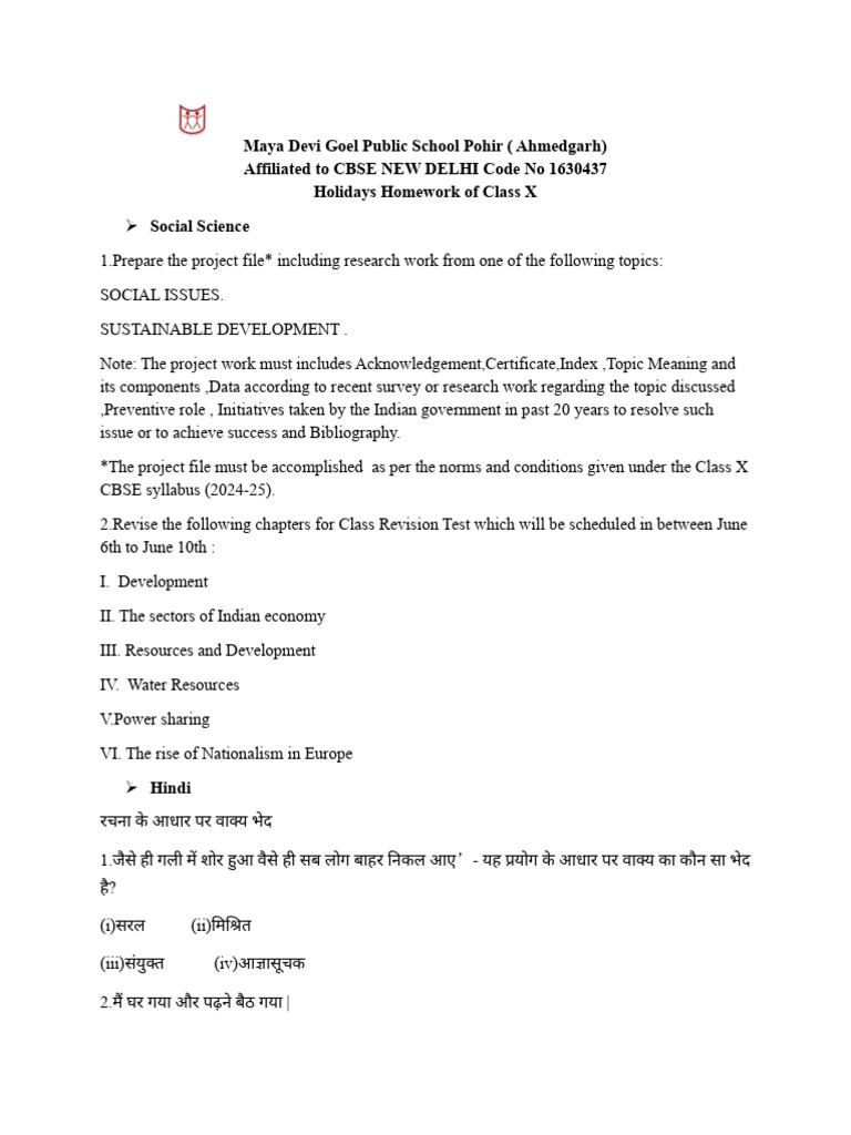 Holidays Homework X Pdf