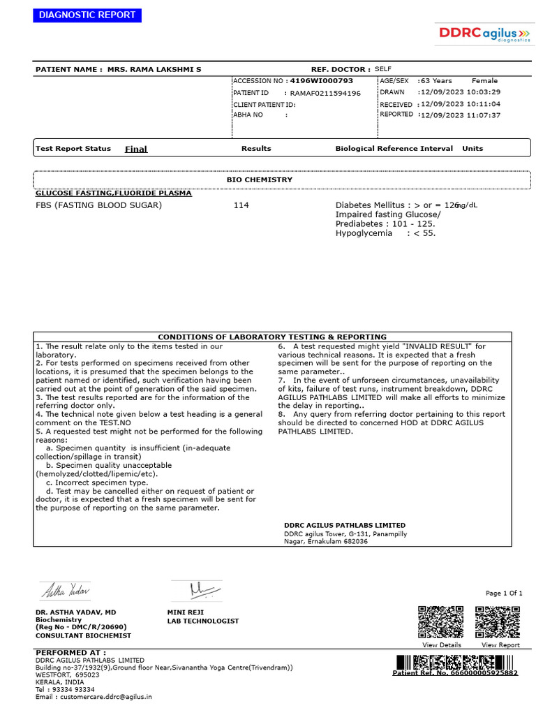 Fasting Blood Sugar Report for Mrs. S. | PDF | Diseases And Disorders ...