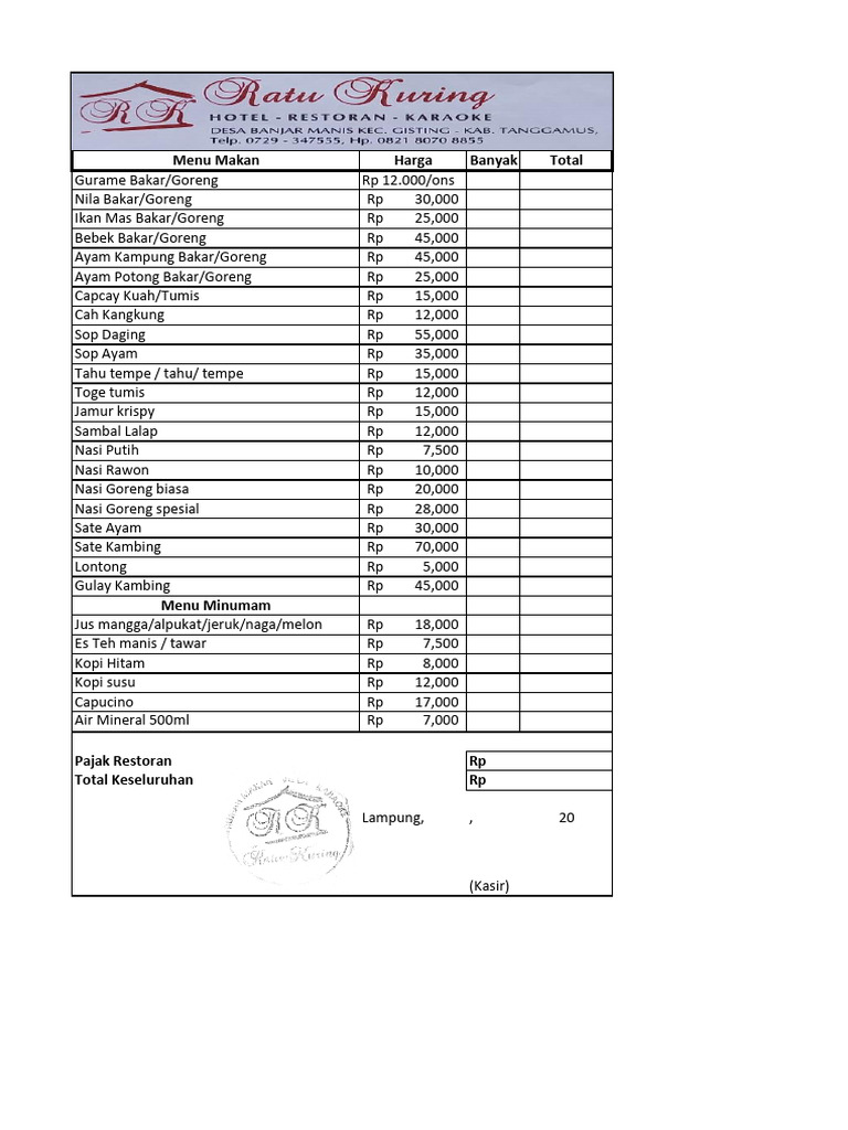 Menu Restoran Makanan Padang | PDF