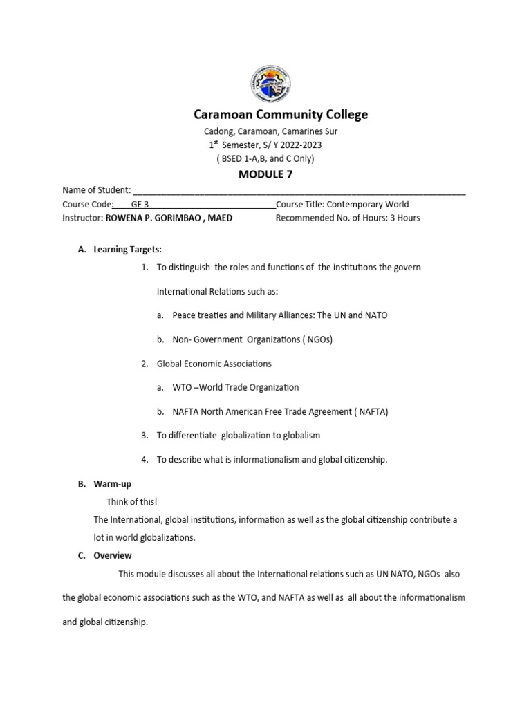 GE 3 Contemporary World Module 7 | PDF | United Nations Security ...