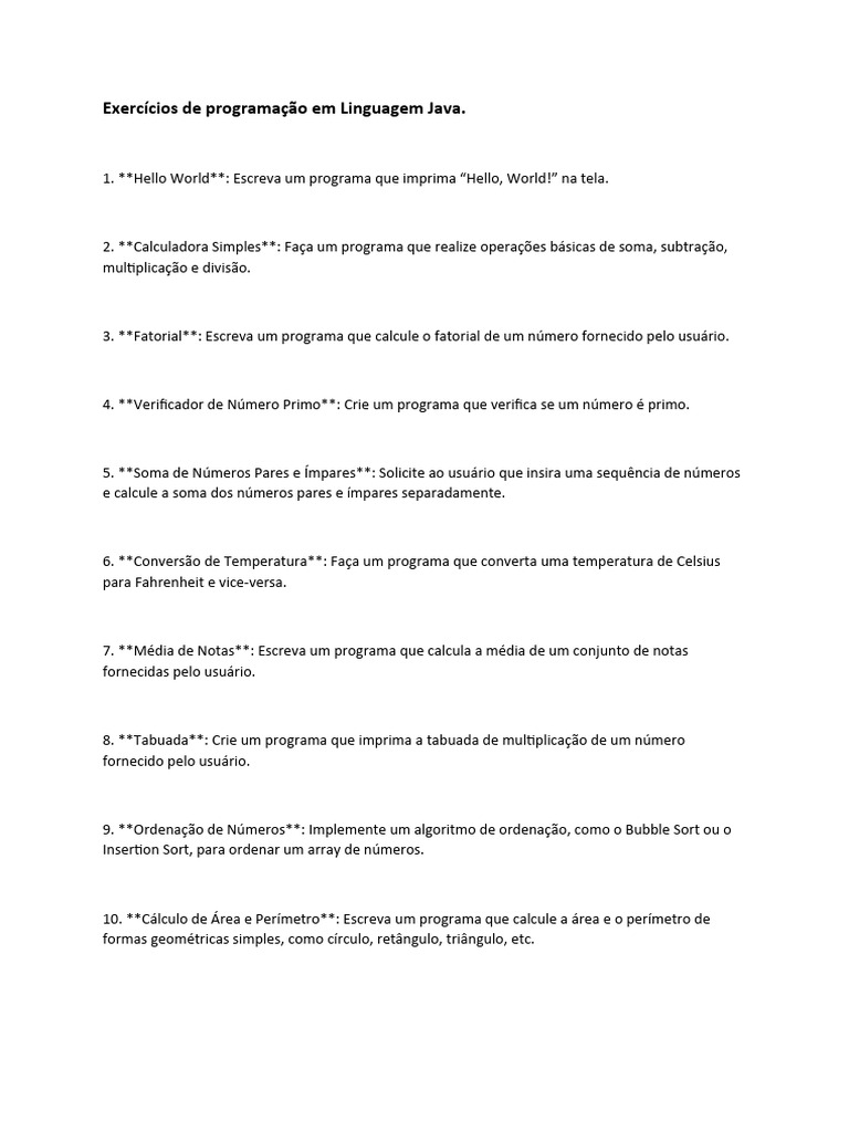 Exerc cios em linguagem java para alunos iniciantes 2024 pdf